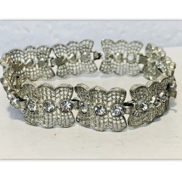 Vintage Shimmer Crystal Silver Tone Lace Webbed Metal Chain Link Bracelet 7.5” - Picture 6 of 7